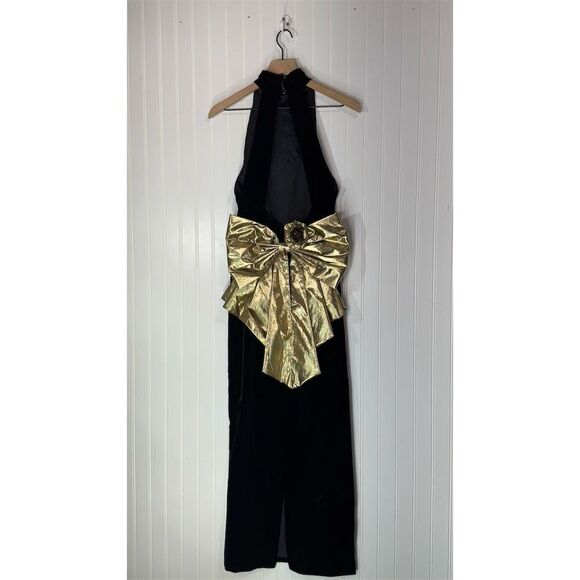 Vintage Jessica McClintock Black Velvet Gold Bow Halter Gown Size 10 USA Made - Picture 3 of 12